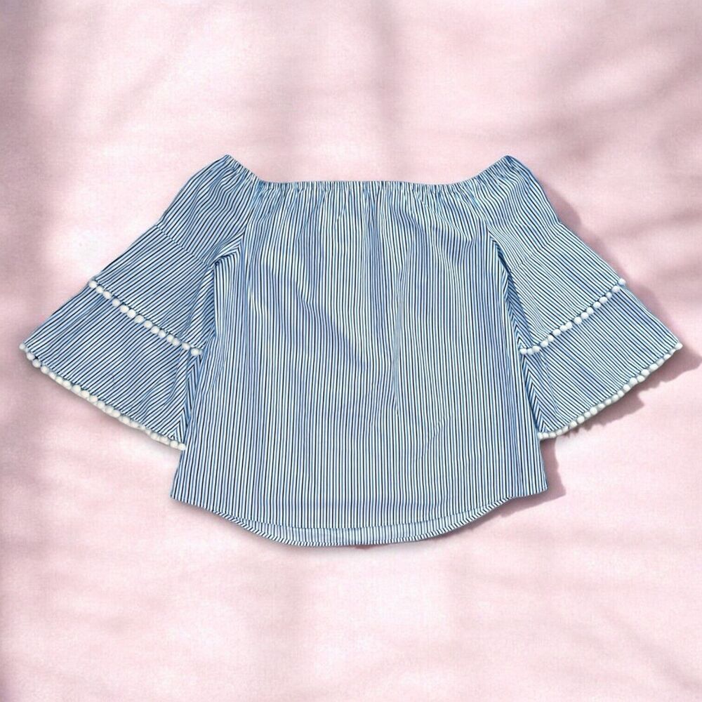 NWT Belle & Sky Blue White Striped Off The Shoulder Pom Bell Sleeve Top Size 2XL